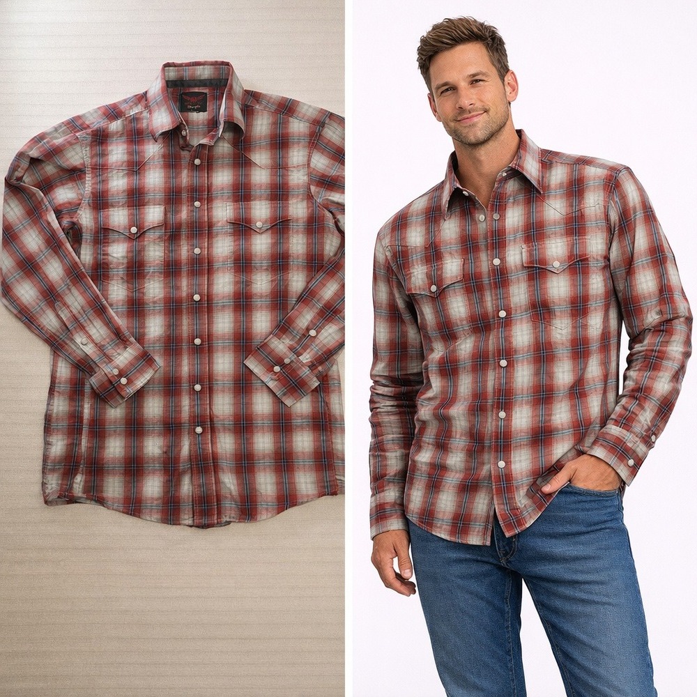 Wrangler Relentless Mens Red Plaid Western Pearl Snap Shirt‎ Long Sleeve L 607